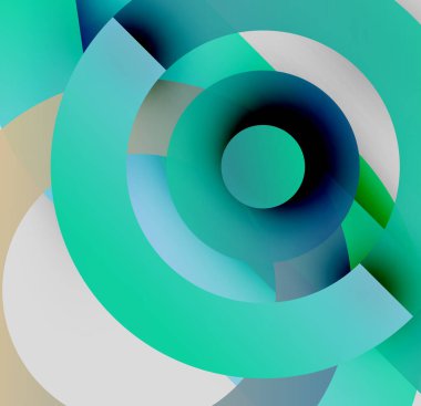 Soyut daireler örtüşüyor, dinamik deniz mavisi, mavi, beyaz bileşim oluşturuyor. Modern tasarım, gradyan gölgeler görsel ilgi sunar.