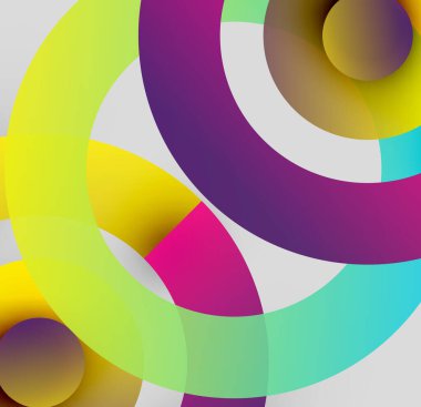 Soyut kompozisyon. Üst üste binen daireler canlı ve renkli desenler oluşturur. Yumuşak gradyanlar şekilleri tanımlar, dinamik görsel deneyim sunar.