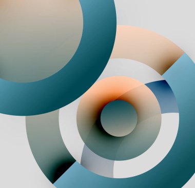 Soyut daireler üst üste binerek katmanlı görsel efekt yaratır. Yumuşak eğimler, soluk renkler kompozisyona hakim. Minimalist tasarım.