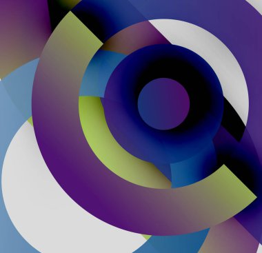 Üst üste binen daireler içeren soyut kompozisyon. Renkler karışır, dinamik görsel efekt yaratır. Modern tasarım, canlı renkler imaja hakim..