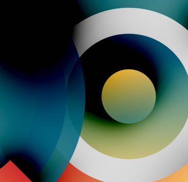 Soyut daireler örtüşüyor, canlı renk eğimleri yaratıyor. Mavi, sarı, beyaz, kırmızı renkler kusursuz bir şekilde harmanlanır. Modern tasarım ögesi.