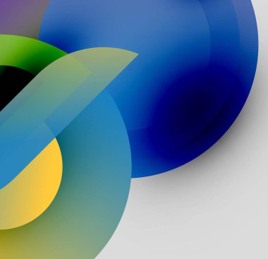 Üst üste binen renkli daireler içeren soyut bir kompozisyon. Gradyan renkler harmanlanarak, dinamik görsel efekt yaratır. Düz geçişler tasarıma hükmediyor.