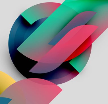 Soyut kompozisyon. Üstüste binen yarı saydam şekiller dinamik görsel efekt yaratır. Renkler karışır, değişkenler oluşur. Modern tasarım.