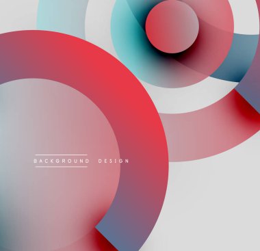 Soyut kompozisyon. Üst üste binen daireler, gradyanlar, kırmızı, beyaz, mavi renkler modern görsel efektler yaratır. Minimalist tasarım.
