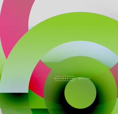 Üst üste binen renkli daireler içeren soyut bir kompozisyon. Gradyan gölgeler derinlik yaratır, modern estetik. Minimalist tasarım, canlı renkler.