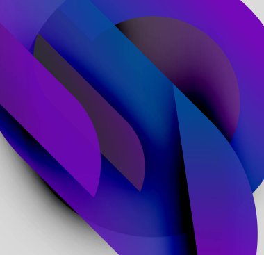 Üst üste binen mor, mavi şekilli soyut kompozisyon. Renkler derinlik yaratır, modern estetik. Minimalist tasarım, pürüzsüz geçişler.