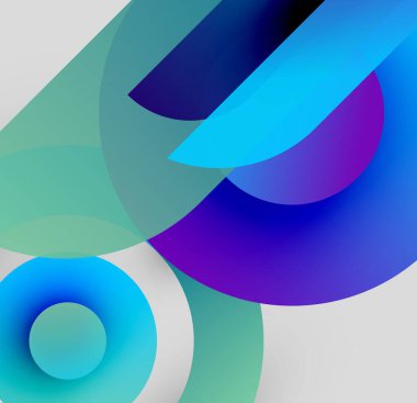 Soyut kompozisyon. Üst üste binen daireler, gradyanlar dinamik görsel efekt yaratır. Maviler, yeşiller palete hakim. Modern tasarım.