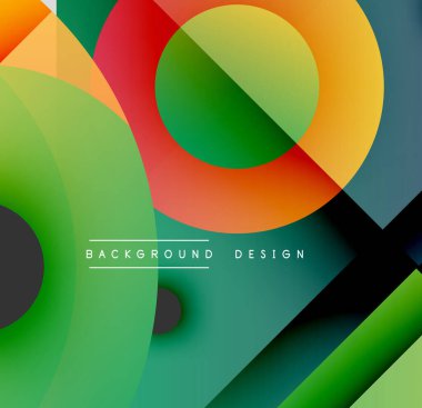 Soyut renkli çemberler, kareler örtüşüyor dinamik gradyan arkaplan oluşturuyor. Modern tasarım ögeleri pürüzsüz geçişler sunar.