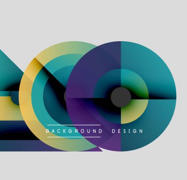 Soyut daireler örtüşüyor, canlı renk eğimleri yaratıyor. Modern tasarım elementleri teknoloji, yenilik, görsel uyum öneriyor.