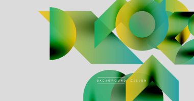 Soyut geometrik şekiller örtüşüyor, canlı renk eğimleri yaratıyor. Tasarım, açık gri arkaplanda yeşil, deniz mavisi, sarı renkler içerir.
