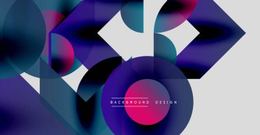 Soyut kompozisyon. Üst üste binen şekiller, canlı renkler, dinamik eğimler modern görsel deneyimler yaratır. Minimalist metin ögesi mevcut.