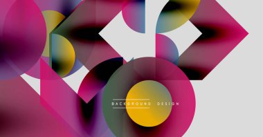 Üst üste binen daireler, kareler, canlı renkler içeren soyut kompozisyon. Modern tasarım elementleri dinamik görsel deneyim yaratır.