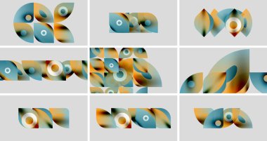 Soyut şekiller, canlı renkler, geometrik desenler. Dokuz panelde sıvı dizaynlar, gradyanlar, üst üste binen formlar var. Modern estetik.