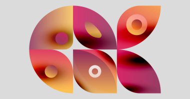 Soyut şekiller örtüşüyor, canlı renk değişimleri yaratıyor. Sıcak tonlar kompozisyona hakim, akıcılığı ve hareketi işaret ediyor. Modern tasarım.