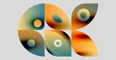 Soyut şekiller, canlı renkler, pürüzsüz eğimler. Kompozisyonda üst üste binen formlar var, dinamik görsel ilgi yaratıyor. Modern tasarım.