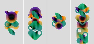 Soyut renkli şekiller örtüşür, dinamik kompozisyonlar oluşturur. Dört panel, mor, yeşil, turuncu renkler arasındaki değişimleri gösterir..