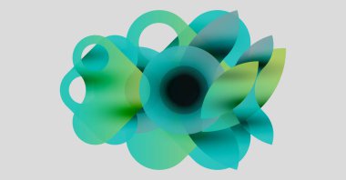 Soyut kompozisyon. Üstüste binen şeffaf daireler çiçek formu oluşturur. Derece renkleri deniz mavisi ile limon arasında değişir. Minimalist tasarım, yumuşak odaklanma.