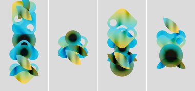 Soyut şekiller, mavi elyaf eğimleri, dört panel. Minimalist tasarım, üst üste binen şekiller, yumuşak ışıklandırma, modern estetik. Temiz bileşim.