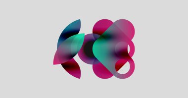 Soyut şekiller örtüşür, canlı renk karışımları yaratır. Pembe, deniz mavisi, mor renkler tarafsız arkaplanda baskın gelir. Modern tasarım ögesi.