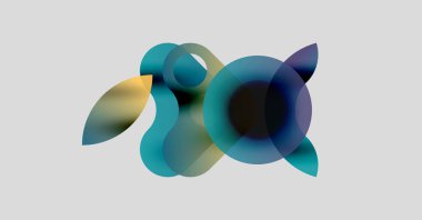 Soyut renkli şekiller çakışıyor ve sıvı formlar yaratıyor. Yumuşak eğimler mavileri, yeşillikleri, sarıları harmanlıyor. Açık gri arkaplanda minimalist tasarım.