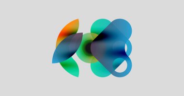 Soyut renkli şekiller örtüşüyor, canlı yarı şeffaf formlar yaratıyor. Yumuşak gradyanlar mavileri, yeşillikleri, portakalları harmanlarlar. Minimalist tasarım, temiz arkaplan.