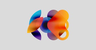 Soyut renkli şekiller örtüşüyor ve canlı bir görsel etki yaratıyor. Yumuşak gradyanlar turuncu, mavi ve mor renkleri harmanlarlar. Minimalist tasarım.