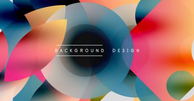 Soyut renkli katmanlar dinamik görsel efekt yaratır. Üst üste binen daireler, gradyanlar, mevcut modern tasarım elementleri.