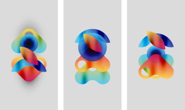 Soyut renkli şekiller örtüşür, canlı kompozisyonlar yaratır. Üç panel gri arka planda benzer tasarımlar gösteriyor. Sıvı formları hareketi, enerjiyi akla getiriyor.