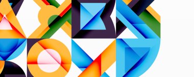 Soyut geometrik şekiller örtüşür, canlı renkli desenler yaratır. Çemberler, üçgenler, çizgiler dinamik bileşim oluşturur. Modern tasarım.