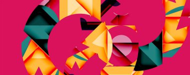 Soyut geometrik bileşim. Canlı renkler, keskin açılar, katmanlı şekiller dinamik görsel etki yaratır. Modern tasarım, cesur estetik.