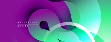 Soyut sıvı şekilleri, mor ve yeşil renkleri harmanlıyor. Modern tasarım üst üste binen katmanlar, pürüzsüz eğimler içerir. Minimalist estetik.