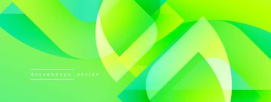 Soyut canlı yeşil arka plan. Üst üste binen şekiller dinamik görsel akış yaratır. Modern tasarım elementleri enerji ve yenilik öneriyor.