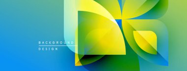 Soyut gradyan tasarımı. Üst üste binen şekiller dinamik görsel efekt yaratır. Mavi renkten yeşil renge, sarı renge geçiş. Modern estetik.