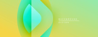 Soyut gradyan şekiller çakışıyor, yumuşak renk geçişleri yaratıyor. Sarı, yeşil renkler tasarımda baskın. Mevcut en küçük metin.
