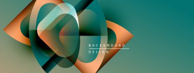 Soyut geometrik şekiller örtüşür, dinamik görsel efekt yaratır. Teal, turuncu renkler kompozisyona hakim. Modern tasarım ögesi.