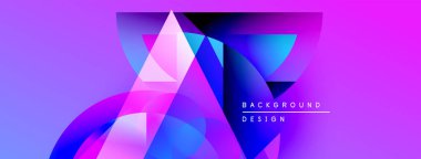 Soyut geometrik şekiller canlı mor, mavi renkleri harmanlarlar. Modern tasarım dinamik görsel etki yaratır. Arkaplanda metin ögeleri.