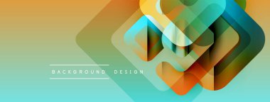 Soyut geometrik şekiller örtüşüyor, canlı renk eğimleri yaratıyor. Tasarımda deniz mavisi, turuncu, sarı renkler var. Modern estetik.