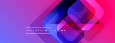 Soyut geometrik şekiller örtüşür, canlı bir değişim etkisi yaratır. Mor, mavi, pembe renkler tasarımda baskın. Minimalist metin mevcut.