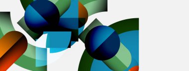 Soyut geometrik bileşim. Üst üste binen daireler, dikdörtgenler canlı renk blokları oluşturur. Modern tasarım, temiz çizgiler, minimalist estetik.