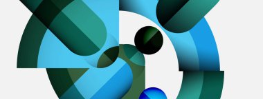 Üst üste binen daireler içeren soyut kompozisyon, değişik tonlarda mavi, yeşil. Minimalist tasarım, temiz estetik, modern sanat eserleri.