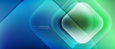 Soyut gradyan şekiller çakışıyor. Mavi, yeşil renkler tasarıma hakim. Modern estetik, temiz çizgiler dinamik görsel efekt sunar.