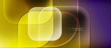 Soyut geometrik tasarım. Üst üste binen şekiller dinamik, renkli eğimler yaratır. Sarılar, morlar, kahverengiler kompozisyona hakim. Modern estetik.