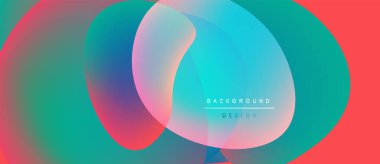 Soyut akışkan şekiller harmanlanır ve canlı gradyanlar oluşturur. Turkuaz, pembe, kırmızı renkler kompozisyona hakim. Modern tasarım ögesi.