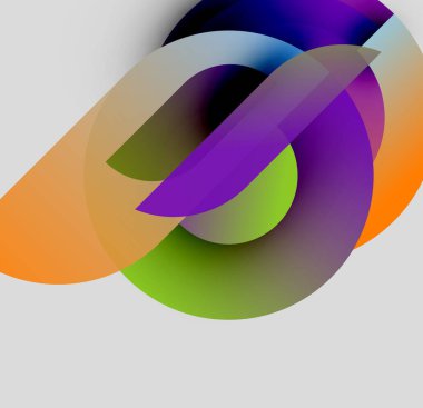 Üst üste binen renkli daireler içeren soyut bir kompozisyon. Gradyanlar renkleri karıştırır, dinamik görsel efekt yaratır. Minimalist tasarım, modern estetik.