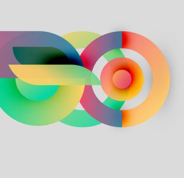 Soyut renkli tasarım, üst üste binen daireler, kıvrımlar. Gradyan renkler harmanlanarak dinamik görsel etki yaratır. Modern, sanatsal kompozisyon.