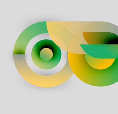 Soyut tasarım özellikleri üst üste binen daireler, gradyanlar. Sarı, yeşil renkler dinamik görsel efekt yaratır. Minimalist kompozisyon, modern estetik.