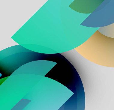 Soyut şekiller örtüşür, canlı renk karışımları yaratır. Turkuaz, mavi, bej renkler kompozisyona hakim. Minimalist tasarım.