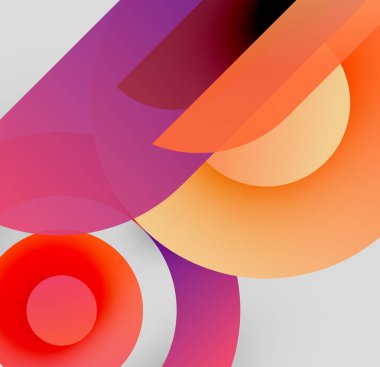 Soyut kompozisyon. Üst üste binen renkli şekiller dinamik görsel efekt yaratır. Mor aksanlı, sıcak tonlarda baskın. Modern tasarım.