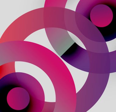Soyut kompozisyon. Üst üste binen daireler dinamik görsel efekt yaratır. Pembe, mor, beyaz renkler tasarımda baskın. Modern, minimalist estetik.