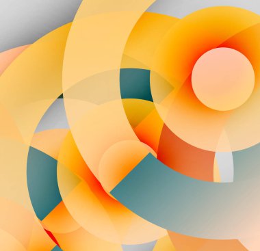 Üst üste binen daireler, sıcak turuncu renkler ve serin gri renkler içeren soyut bir kompozisyon. Modern tasarım, dinamik şekiller görsel ilgi yaratıyor.